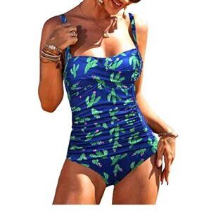 Ekouaer Swimsuit One Piece Ruched Spaghetti Strap Blue Green Size Large